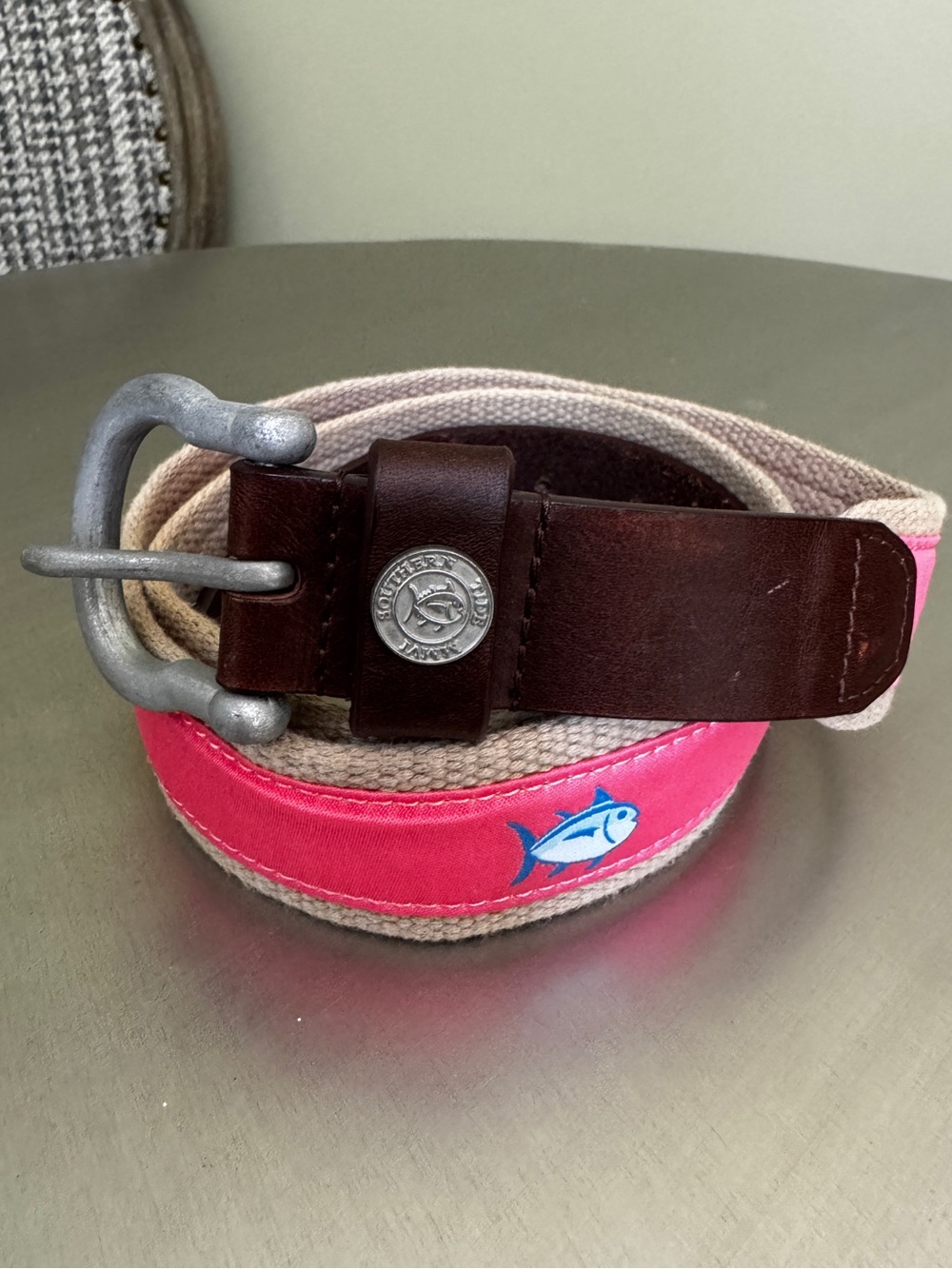 Southern Tide 38 Coral Pink & Tan Canvas Web Belt Skipjack 38